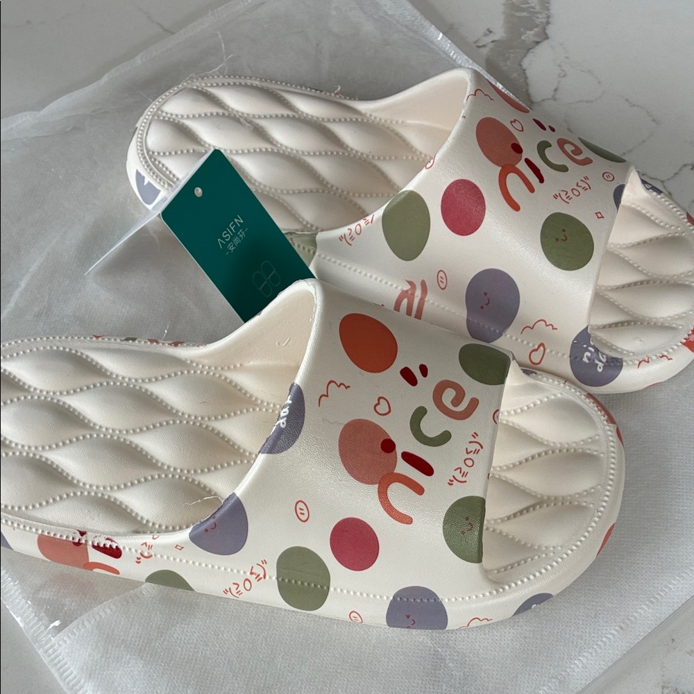 White Slide Sandals with Colorful Polka Dot 'nice' Print